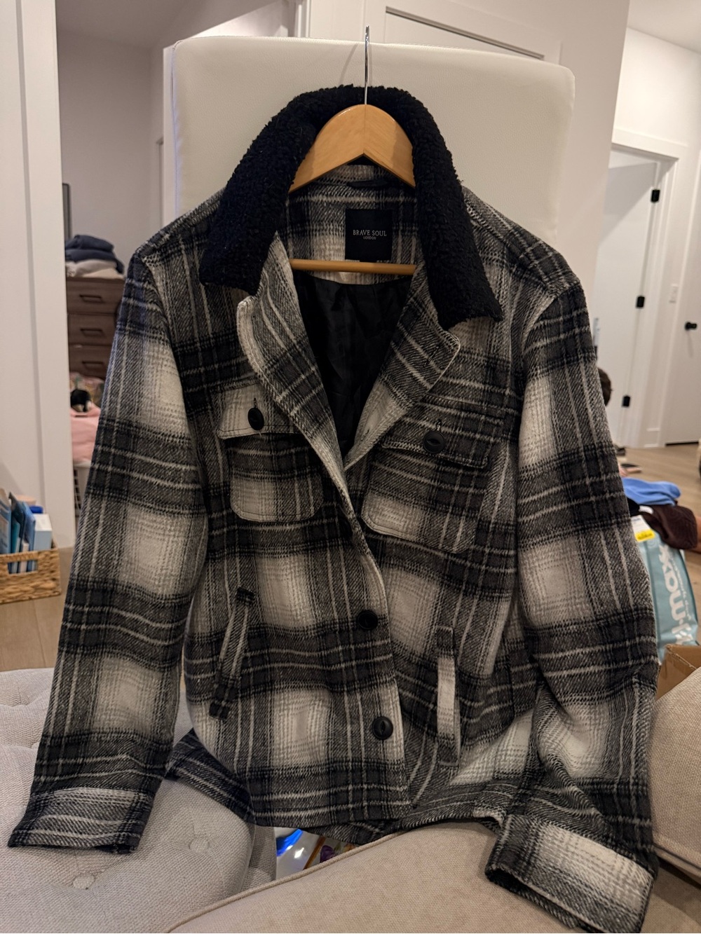 Brave Soul Black and White Plaid Sherpa Collar Utility Jacket